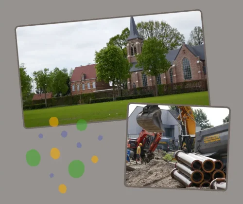 Foto van kerkplein met kerk en pastorie op de achtergrond en foto van rioleringswerken in Schoonbroek